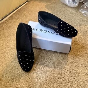 AEROSOLES Betunia Black Velvet Quilted Studded Slip-On Loafers